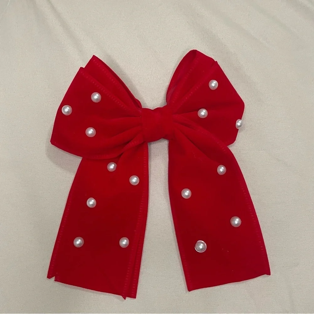 Red double layered pearl bow clip on accessories feminine chic valentines girl